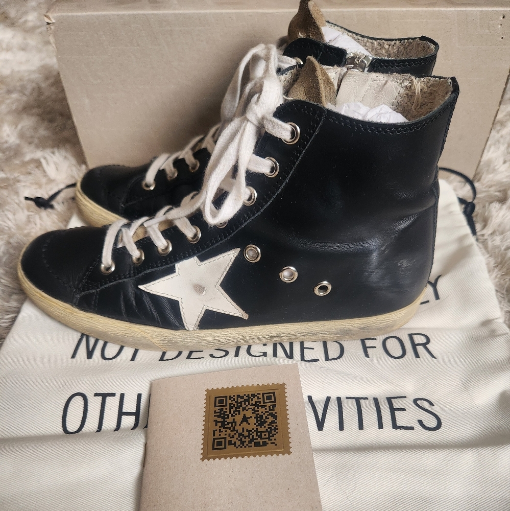 Golden Goose Black and White High-Top Francy Sneakers - Picture 6 of 11